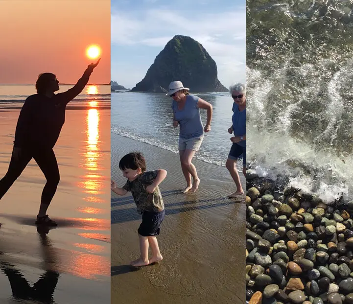 A series of three photos with people on the beach and rocks.